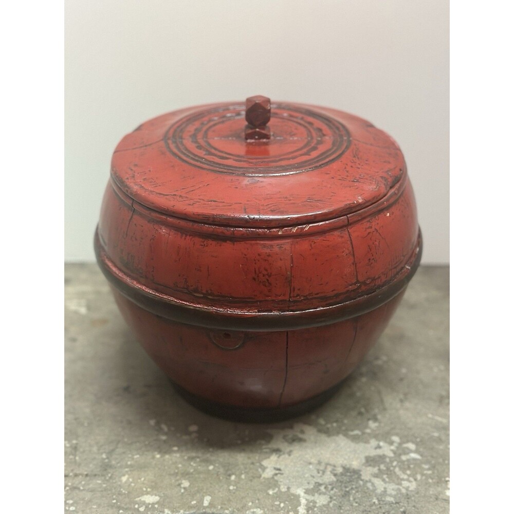 Antique Asian Red Lacquered Wood Rice Bucket Primitive Rustic Container